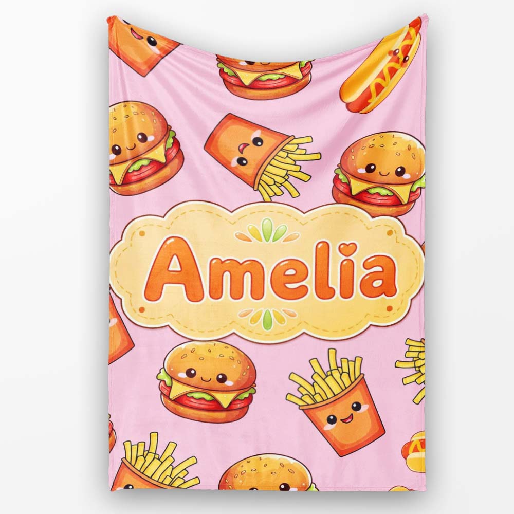 Kawaii Burger Fries Hotdog Fast Food Blush Pink Seamless Pattern Personalised Custom Name Super Soft Fleece Blanket Bed Sofa Throw