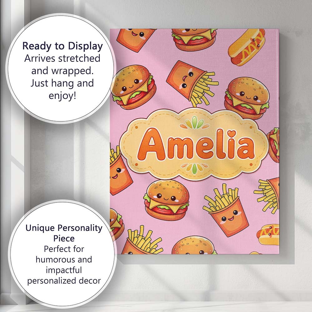Personalised Name Kawaii Burger Fries Custom Modern Room Accent Creative Decorator Style Canvas Wall Art Print Decor Picture Ready to Hang