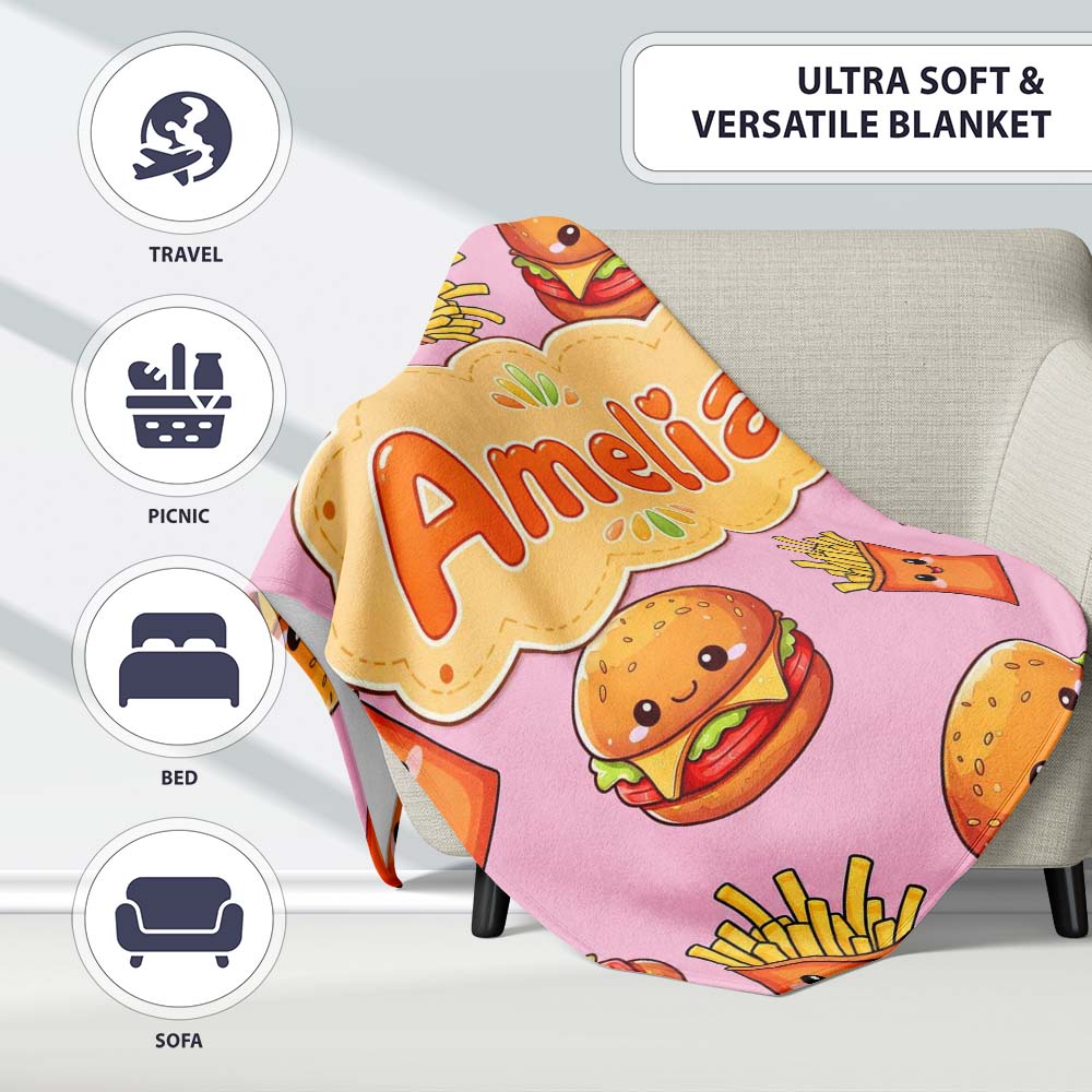 Kawaii Burger Fries Hotdog Fast Food Blush Pink Seamless Pattern Personalised Custom Name Super Soft Fleece Blanket Bed Sofa Throw