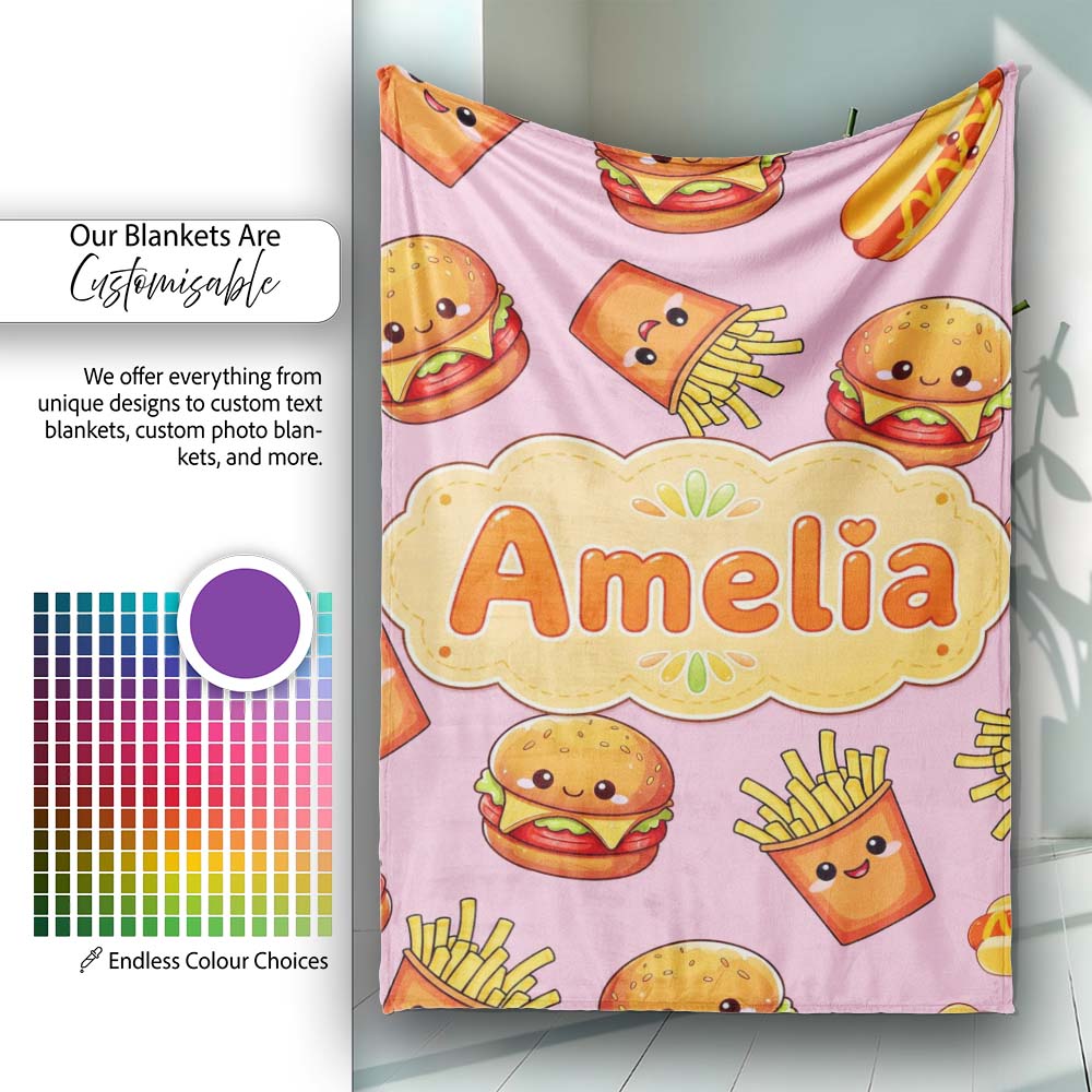 Kawaii Burger Fries Hotdog Fast Food Blush Pink Seamless Pattern Personalised Custom Name Super Soft Fleece Blanket Bed Sofa Throw