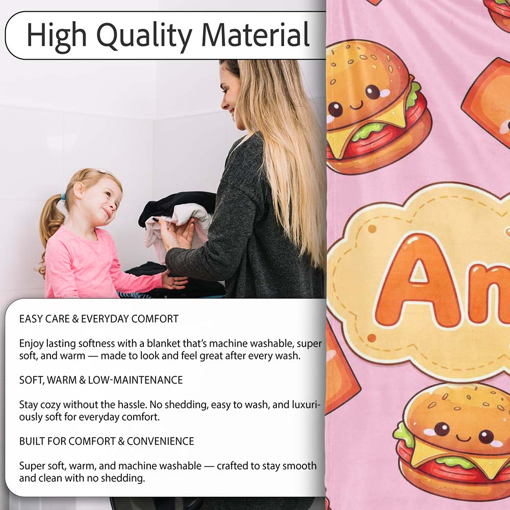 Kawaii Burger Fries Hotdog Fast Food Blush Pink Seamless Pattern Personalised Custom Name Super Soft Fleece Blanket Bed Sofa Throw