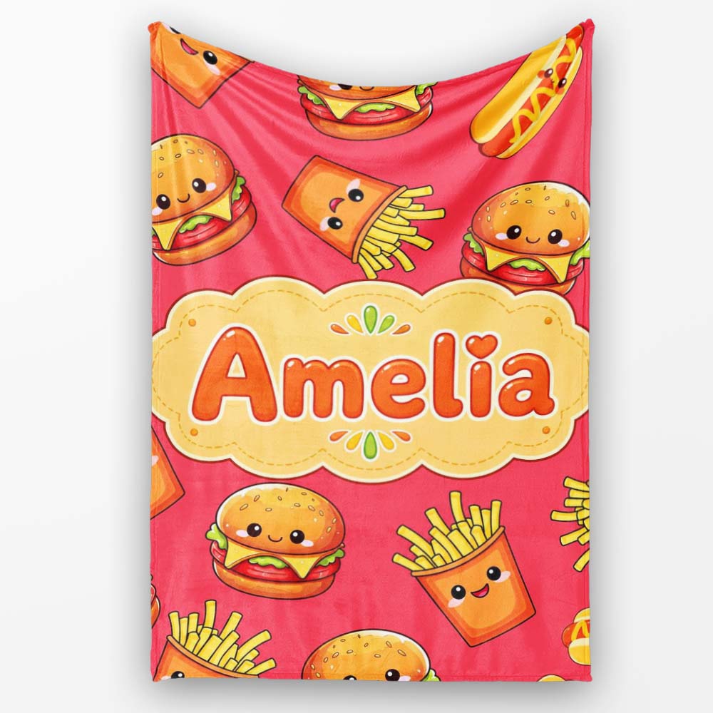 Cute Kawaii Burger Fries Hotdog Fast Food Red Background Seamless Personalised Custom Name Super Soft Fleece Blanket Bed Sofa Throw