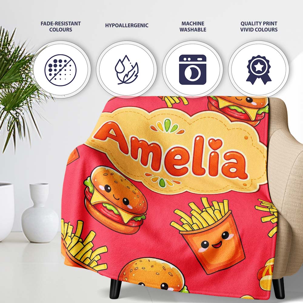 Cute Kawaii Burger Fries Hotdog Fast Food Red Background Seamless Personalised Custom Name Super Soft Fleece Blanket Bed Sofa Throw