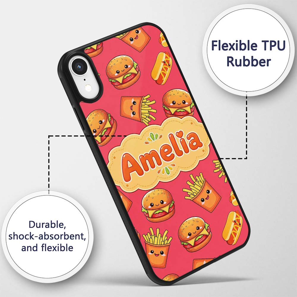 Cute Kawaii Burger Fries Hotdog Fast Food Red Custom Name Protective Phone Case Mobile Cover Durable Everyday Smartphone Shock Resistant