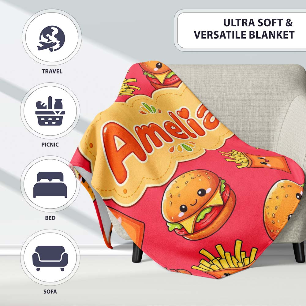 Cute Kawaii Burger Fries Hotdog Fast Food Red Background Seamless Personalised Custom Name Super Soft Fleece Blanket Bed Sofa Throw