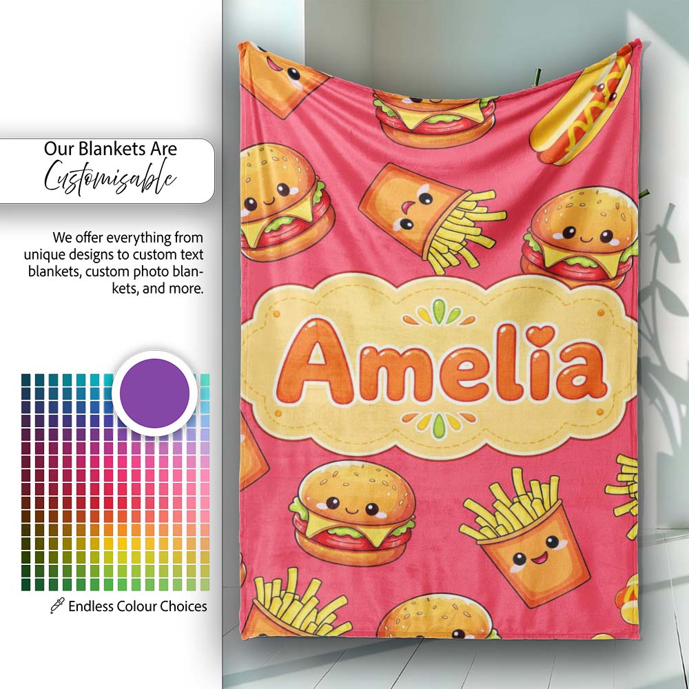 Cute Kawaii Burger Fries Hotdog Fast Food Red Background Seamless Personalised Custom Name Super Soft Fleece Blanket Bed Sofa Throw
