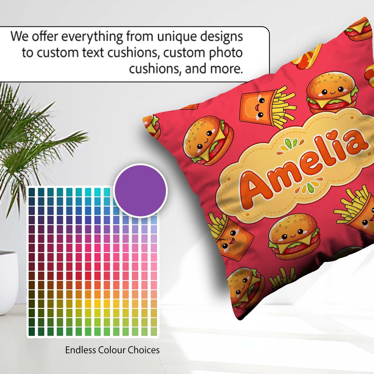Custom Name Kawaii Burger Fries Hotdog Fast Food Red Background Square Filled Cushion Throw Pillow Sofa Bed Home Decor Zip Washable UK Made