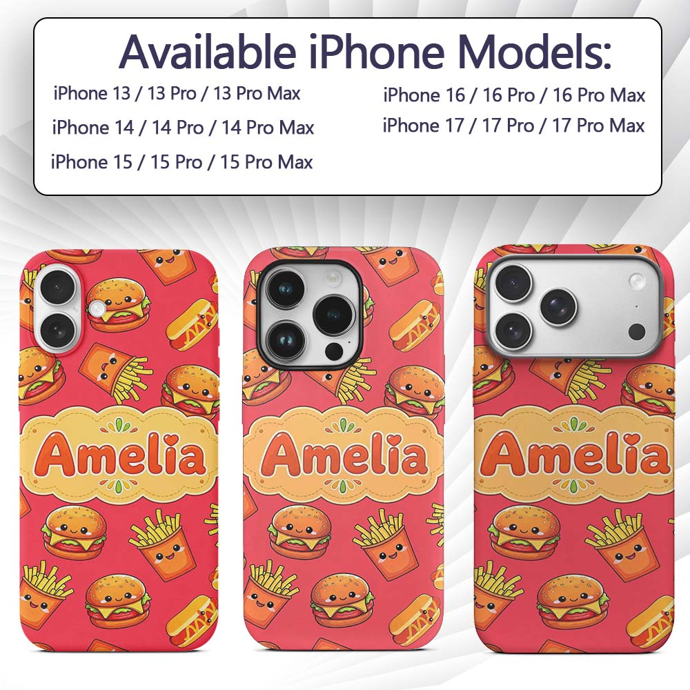 Cute Kawaii Burger Fries Hotdog Fast Food Red Custom Name Protective Phone Case Mobile Cover Durable Everyday Smartphone Shock Resistant