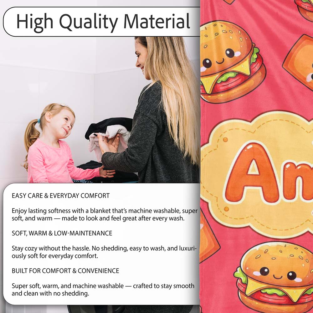 Cute Kawaii Burger Fries Hotdog Fast Food Red Background Seamless Personalised Custom Name Super Soft Fleece Blanket Bed Sofa Throw