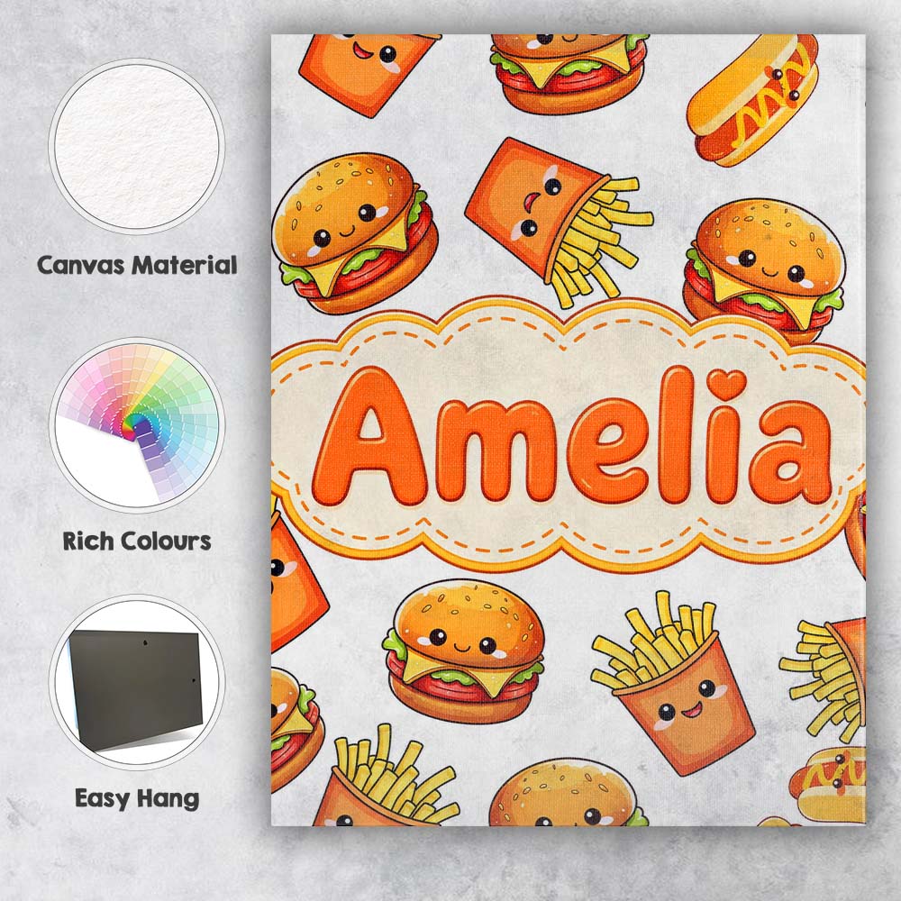 Personalised Name Cute Kawaii Burger Fries Custom Unique Gift Idea Elegant Feature Canvas Wall Art Print Decor Picture Ready to Hang