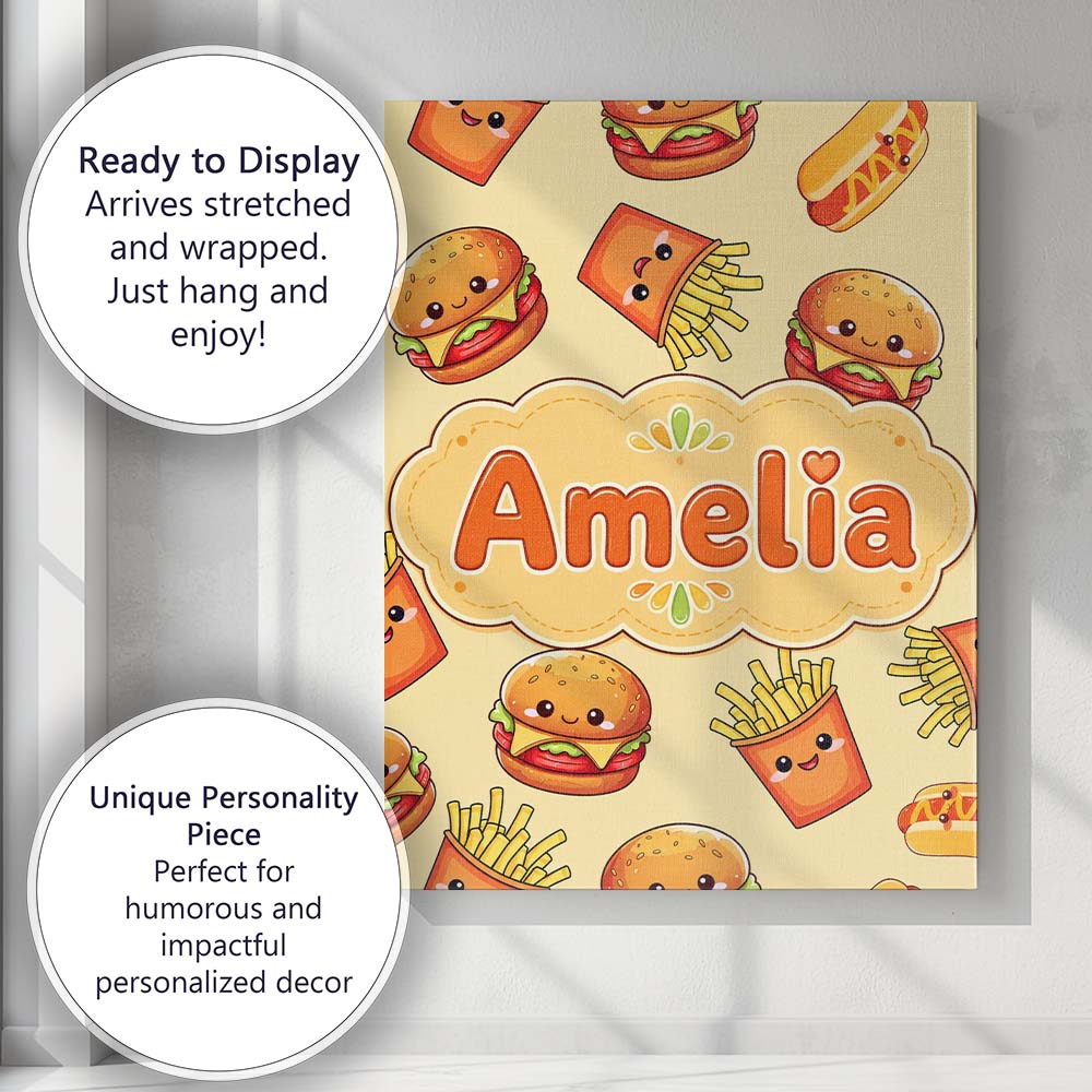 Personalised Name Cute Kawaii Burger Fries Custom Unique Gift Idea Elegant Feature Canvas Wall Art Print Decor Picture Ready to Hang