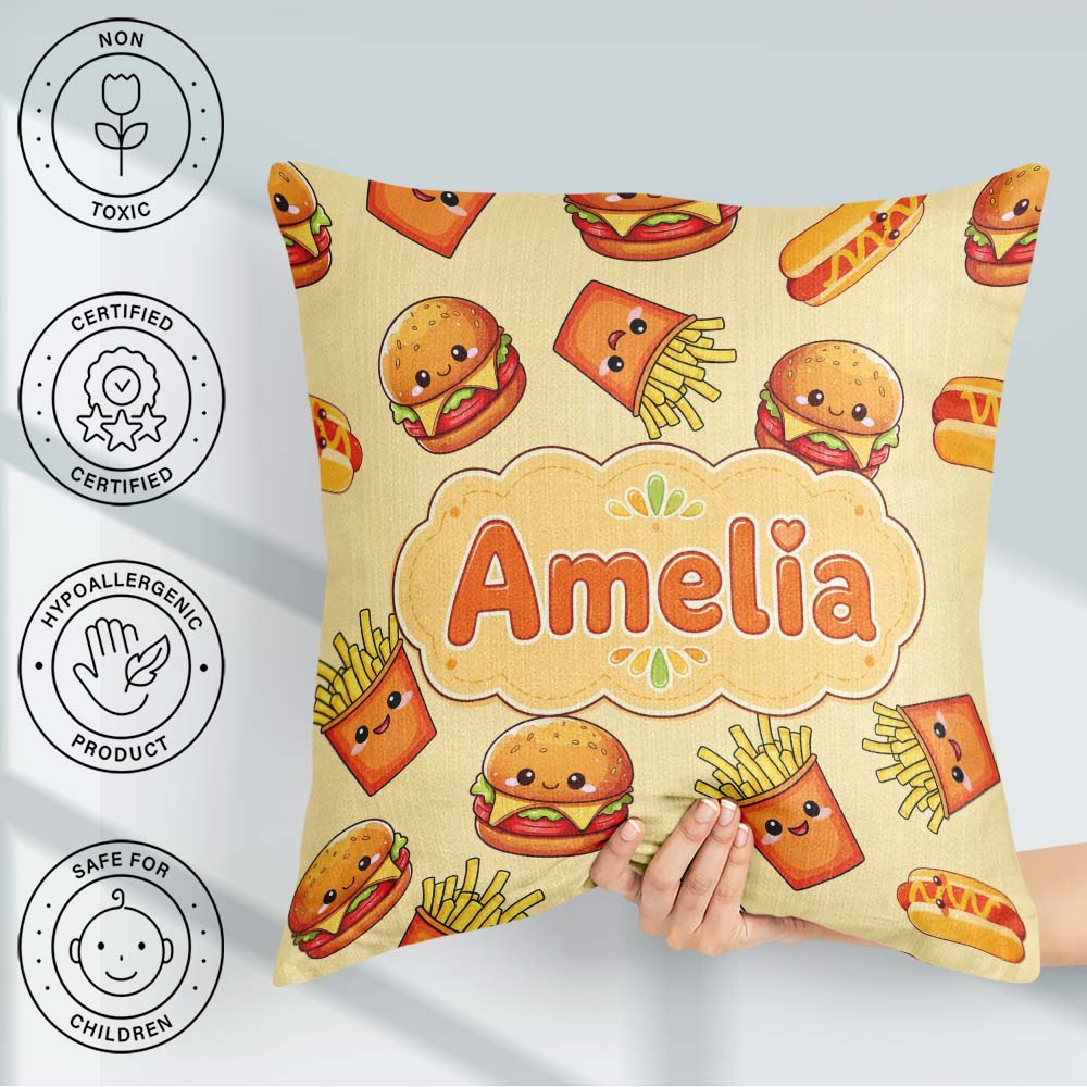 Custom Name Cute Kawaii Burger Fries Hotdog Fast Food Background Square Filled Cushion Throw Pillow Sofa Bed Home Decor Zip Washable UK Made