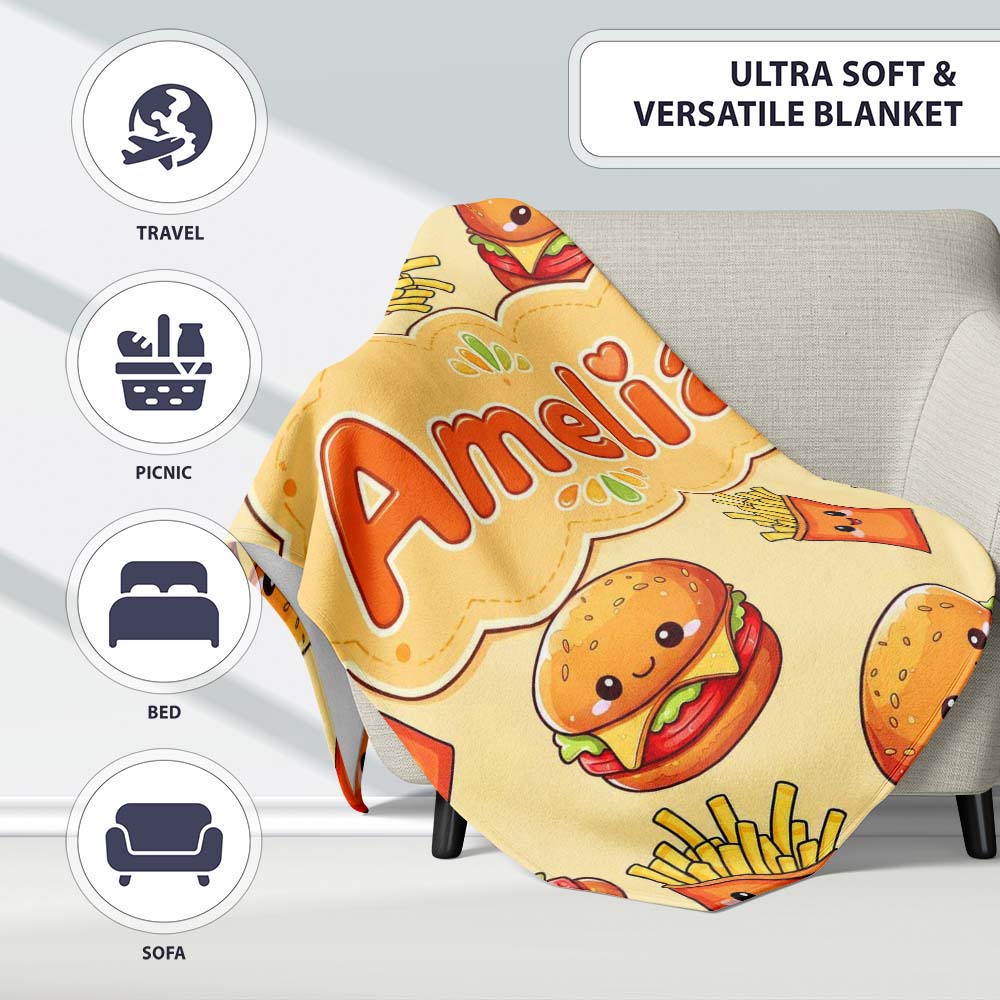 Cute Kawaii Burger Fries Hotdog Fast Food Yellow Background Personalised Custom Name Super Soft Fleece Blanket Bed Sofa Throw
