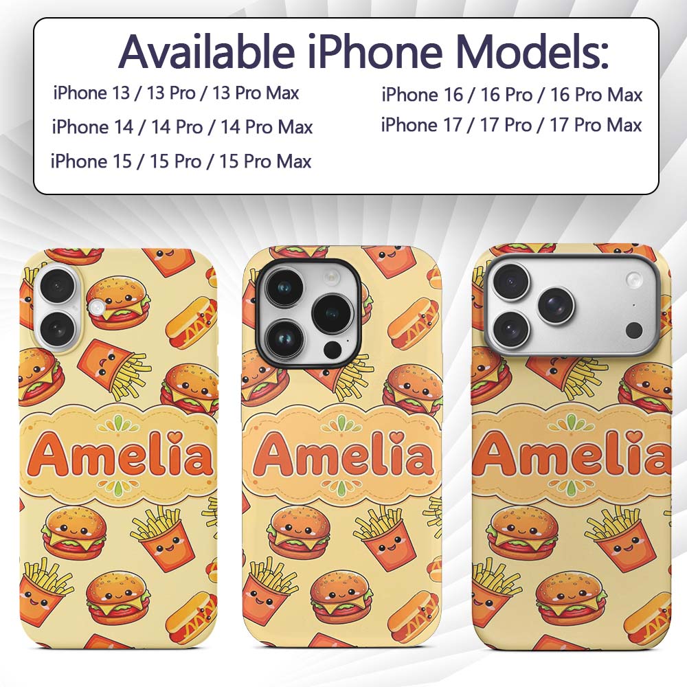 Cute Kawaii Burger Fries Hotdog Fast Food Yellow Custom Name Protective Phone Case Mobile Cover Durable Everyday Smartphone Shock Resistant