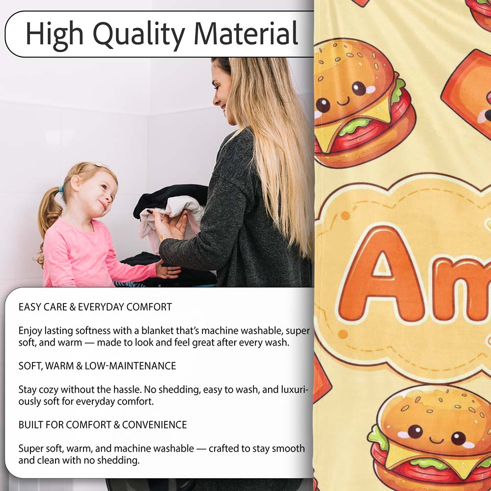 Cute Kawaii Burger Fries Hotdog Fast Food Yellow Background Personalised Custom Name Super Soft Fleece Blanket Bed Sofa Throw