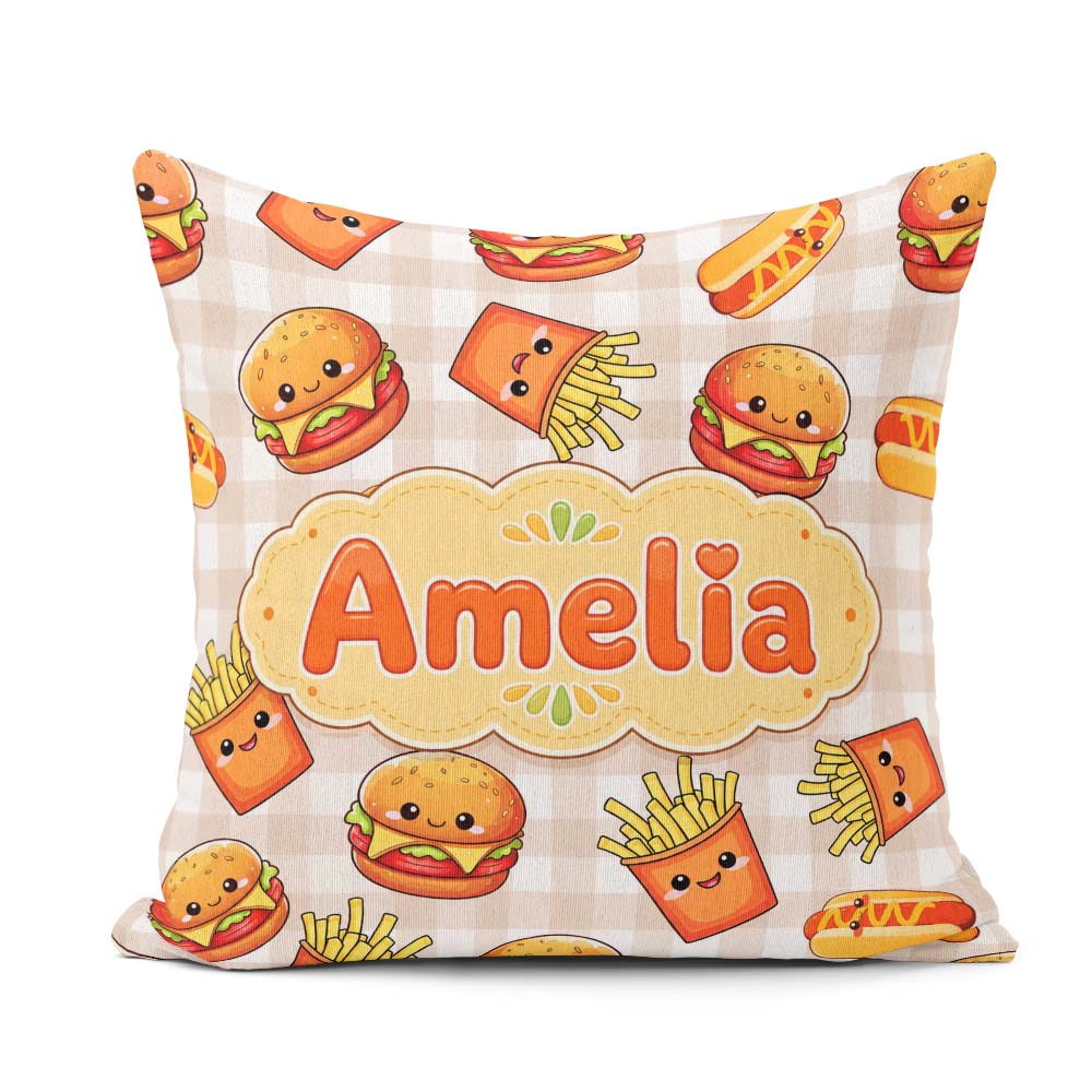 Custom Name Kawaii Burger Fries Fast Food Beige Gingham Seamless Square Filled Cushion Throw Pillow Sofa Bed Home Decor Zip Washable UK Made