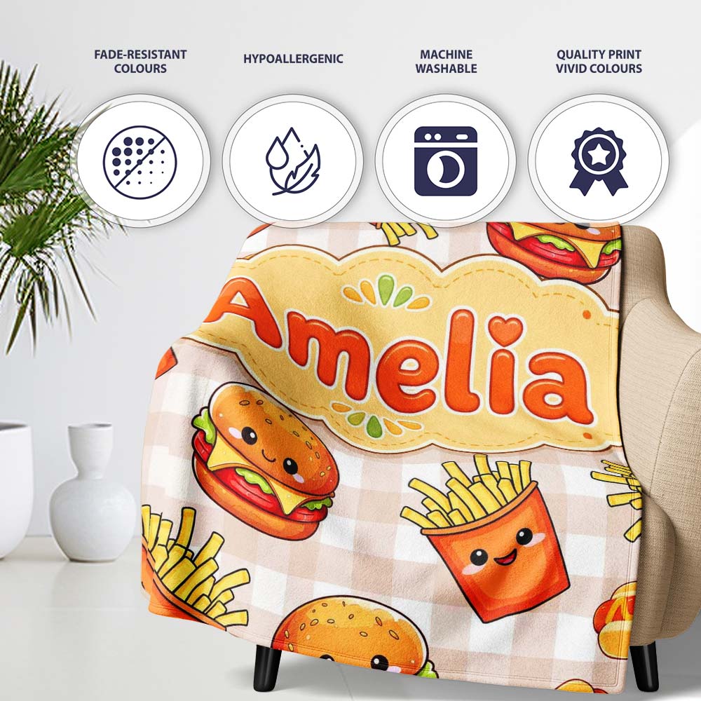 Kawaii Burger Fries Hotdog Fast Food Beige Gingham Seamless Pattern Personalised Custom Name Super Soft Fleece Blanket Bed Sofa Throw