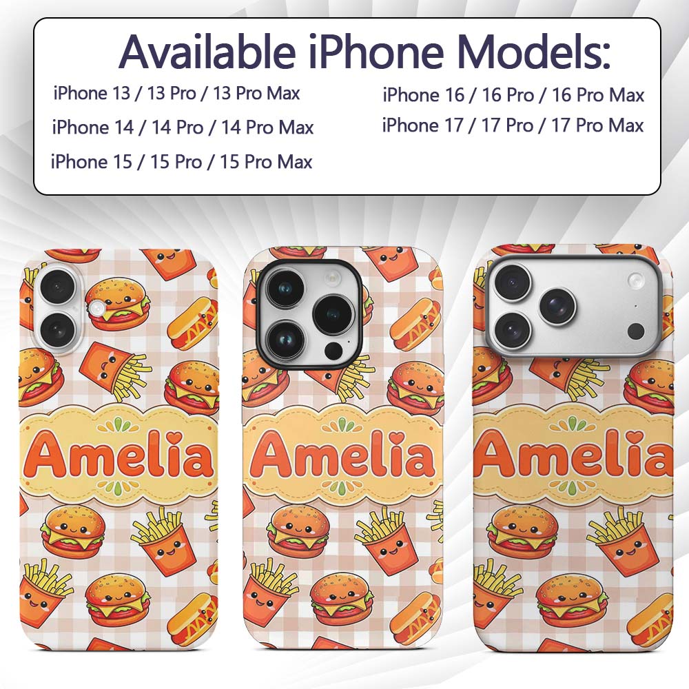 Kawaii Burger Fries Hotdog Fast Printed Design Custom Name Protective Phone Case Mobile Cover Durable Everyday Smartphone Shock Resistant