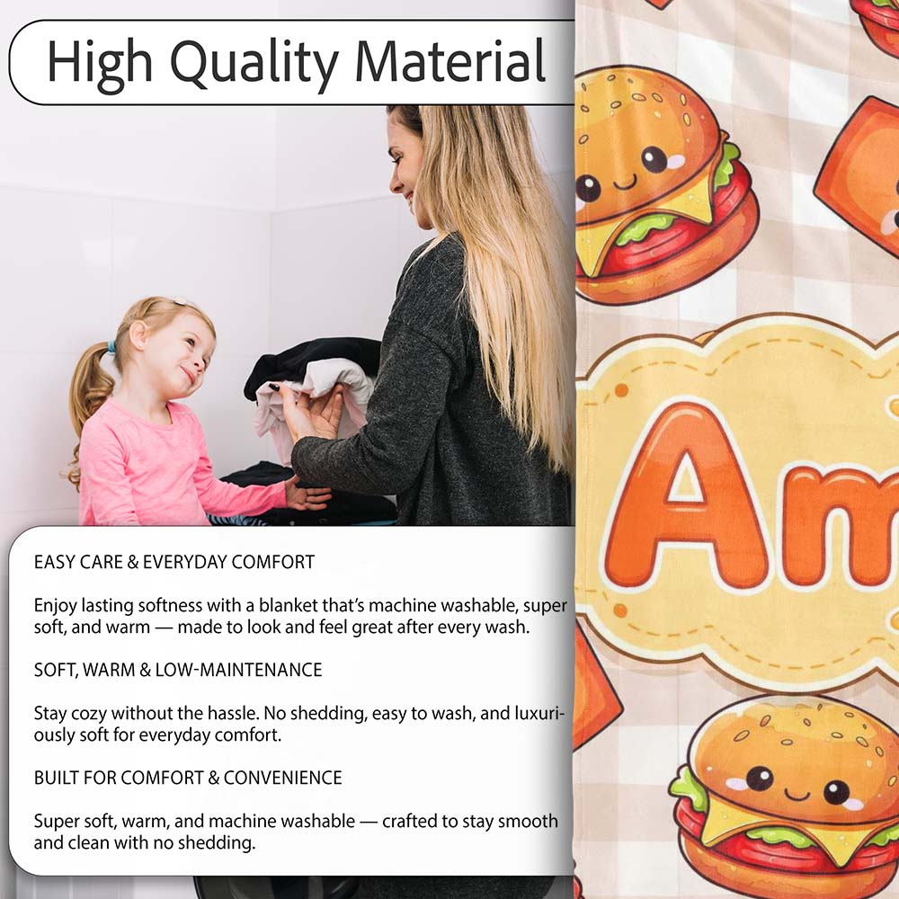 Kawaii Burger Fries Hotdog Fast Food Beige Gingham Seamless Pattern Personalised Custom Name Super Soft Fleece Blanket Bed Sofa Throw