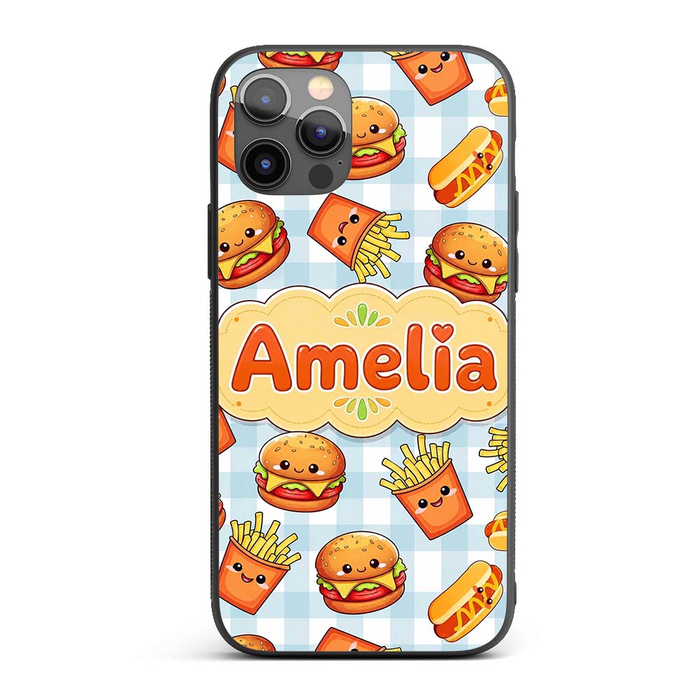 Kawaii Burger Fries Hotdog Fast Food Blue Gingham Custom Name Protective Phone Case Mobile Cover Durable Everyday Smartphone Shock Resistant