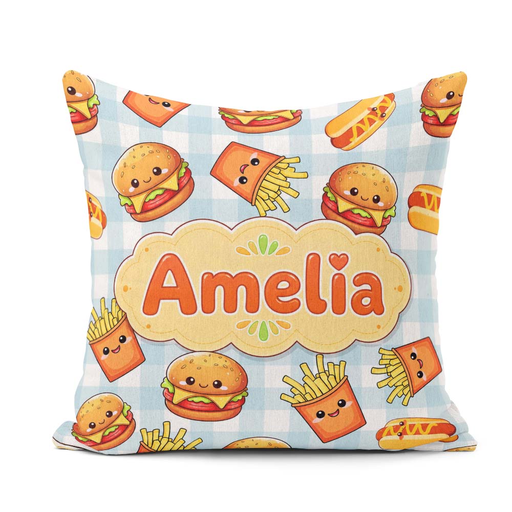 Custom Name Kawaii Burger Hotdog Fast Food Blue Gingham Seamless Square Filled Cushion Throw Pillow Sofa Bed Home Decor Zip Washable UK Made