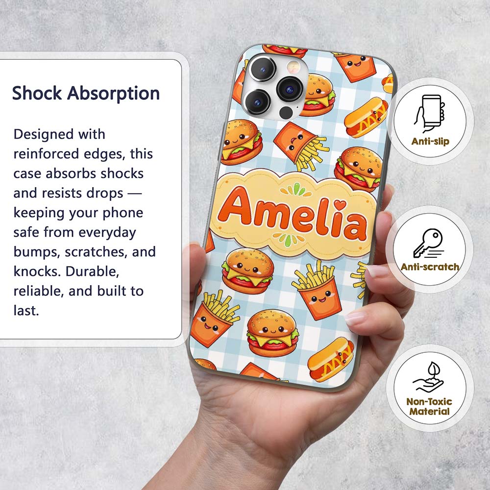 Kawaii Burger Fries Hotdog Fast Food Blue Gingham Custom Name Protective Phone Case Mobile Cover Durable Everyday Smartphone Shock Resistant