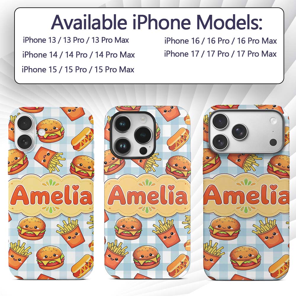 Kawaii Burger Fries Hotdog Fast Food Blue Gingham Custom Name Protective Phone Case Mobile Cover Durable Everyday Smartphone Shock Resistant