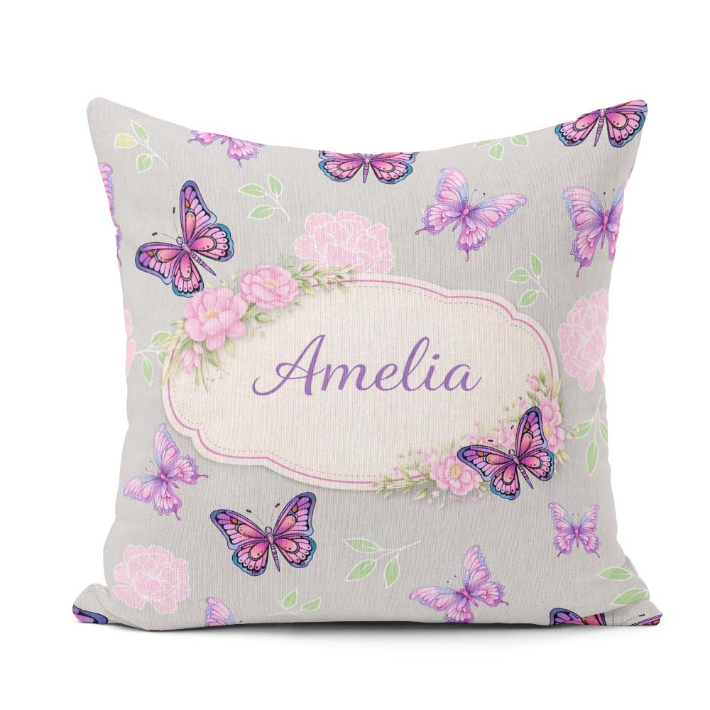Custom Name Pink Purple Butterfly Floral Grey Background Pattern Square Filled Cushion Throw Pillow Sofa Bed Home Decor Zip Washable UK Made