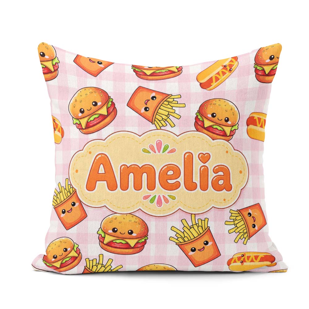 Custom Name Kawaii Burger Hotdog Fast Food Pink Gingham Seamless Square Filled Cushion Throw Pillow Sofa Bed Home Decor Zip Washable UK Made