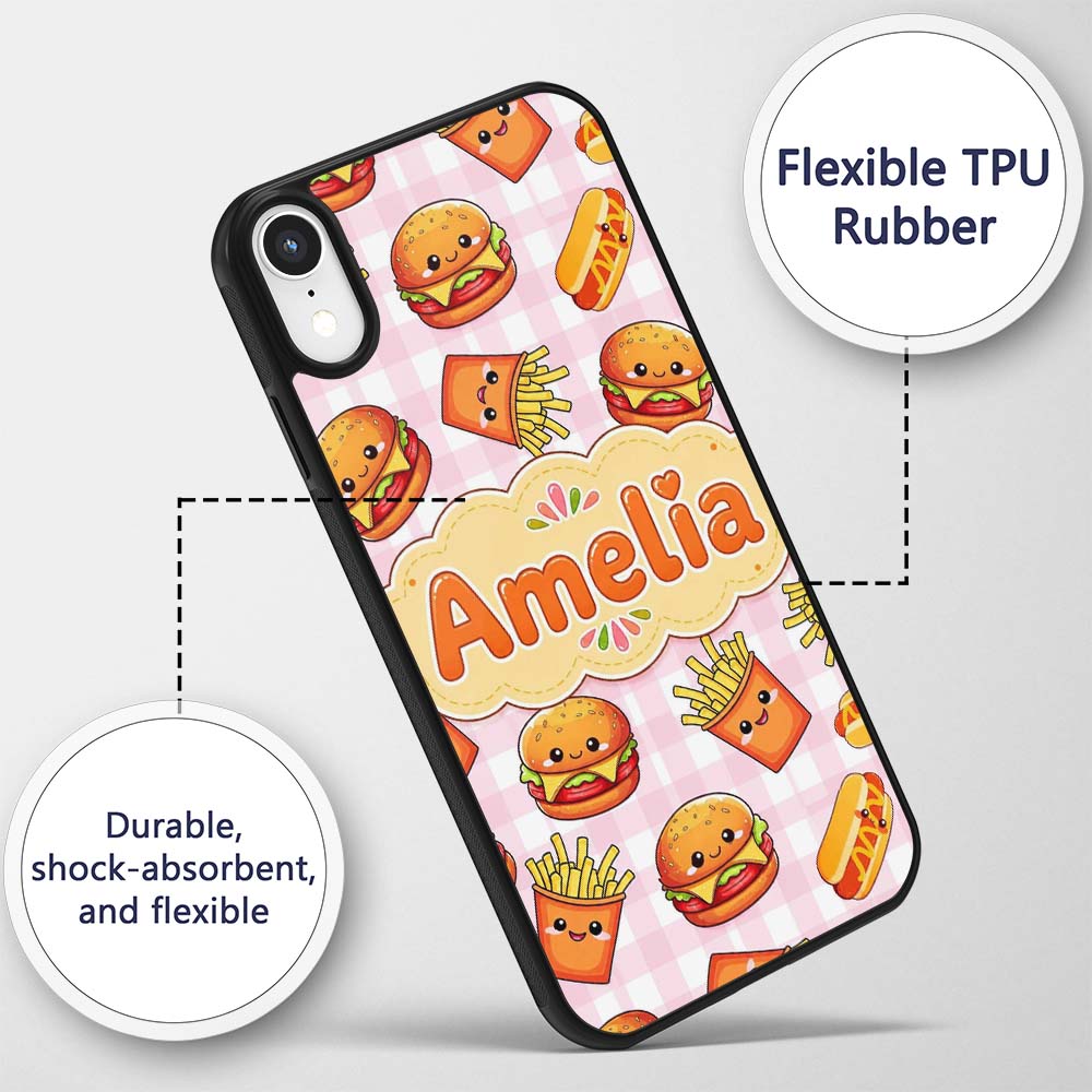 Kawaii Burger Fries Hotdog Fast Food Pink Gingham Custom Name Protective Phone Case Mobile Cover Durable Everyday Smartphone Shock Resistant