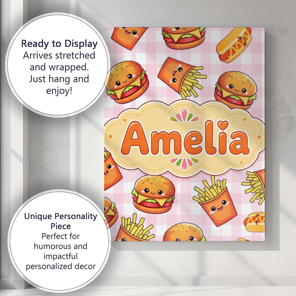Personalised Name Kawaii Burger Fries Custom Modern Room Accent Creative Decorator Style Canvas Wall Art Print Decor Picture Ready to Hang