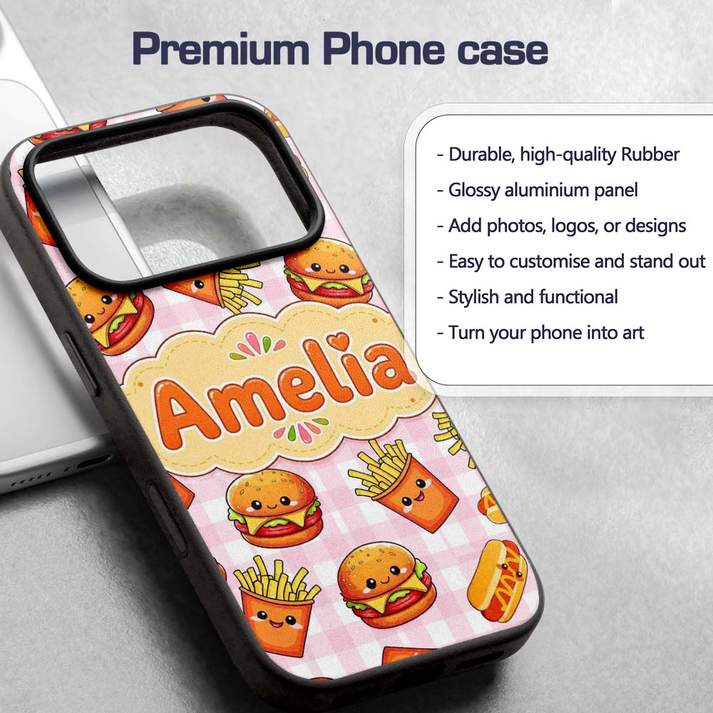 Kawaii Burger Fries Hotdog Fast Food Pink Gingham Custom Name Protective Phone Case Mobile Cover Durable Everyday Smartphone Shock Resistant