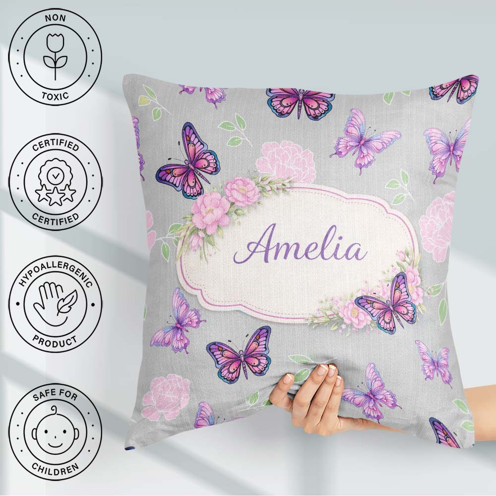 Custom Name Pink Purple Butterfly Floral Grey Background Pattern Square Filled Cushion Throw Pillow Sofa Bed Home Decor Zip Washable UK Made