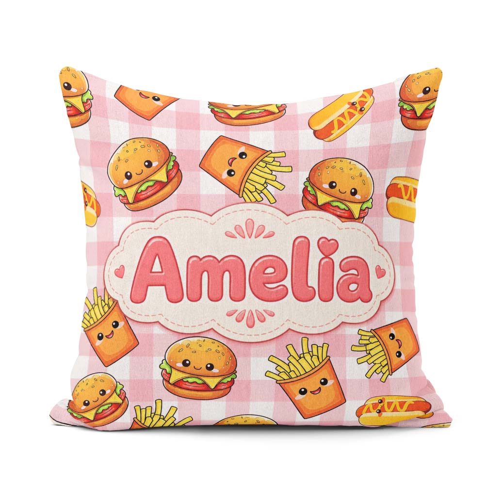 Custom Name Kawaii Burger Fries Hotdog Fast Red Gingham Seamless Square Filled Cushion Throw Pillow Sofa Bed Home Decor Zip Washable UK Made