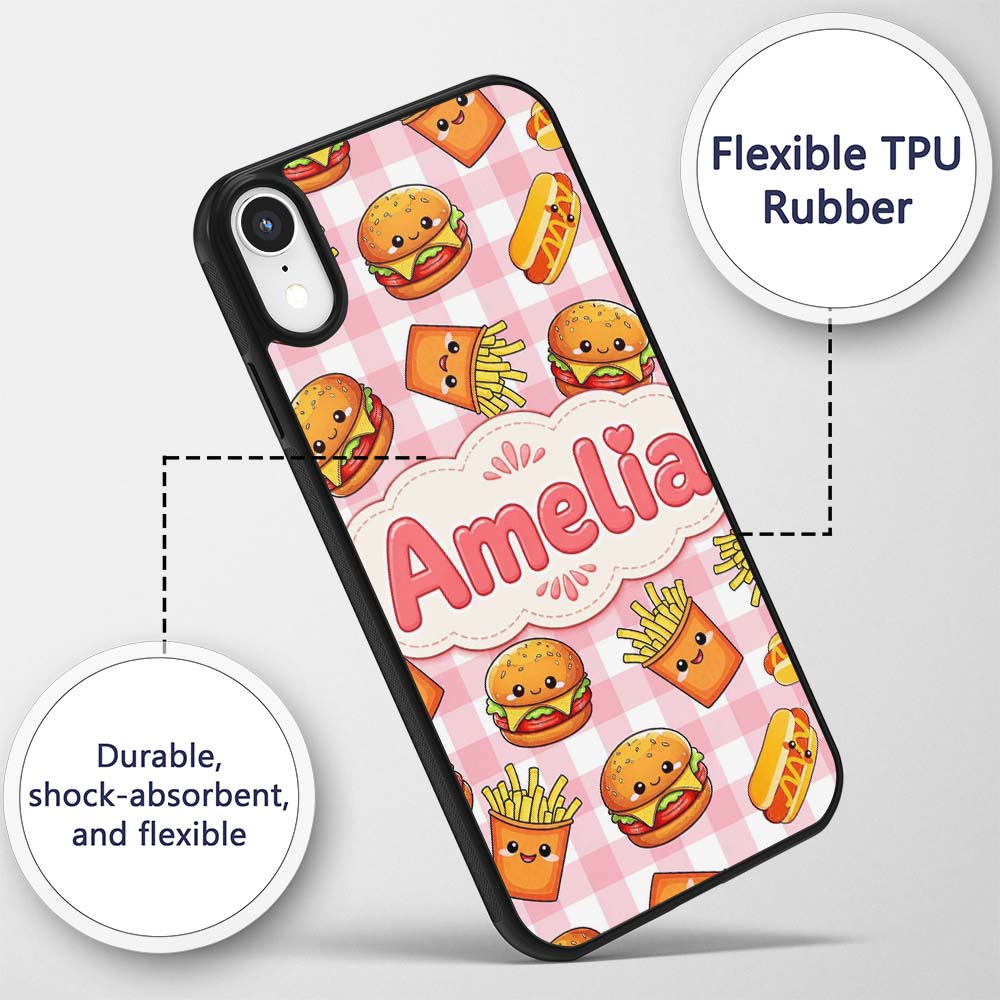 Kawaii Burger Fries Hotdog Fast Food Red Gingham Custom Name Protective Phone Case Mobile Cover Durable Everyday Smartphone Shock Resistant