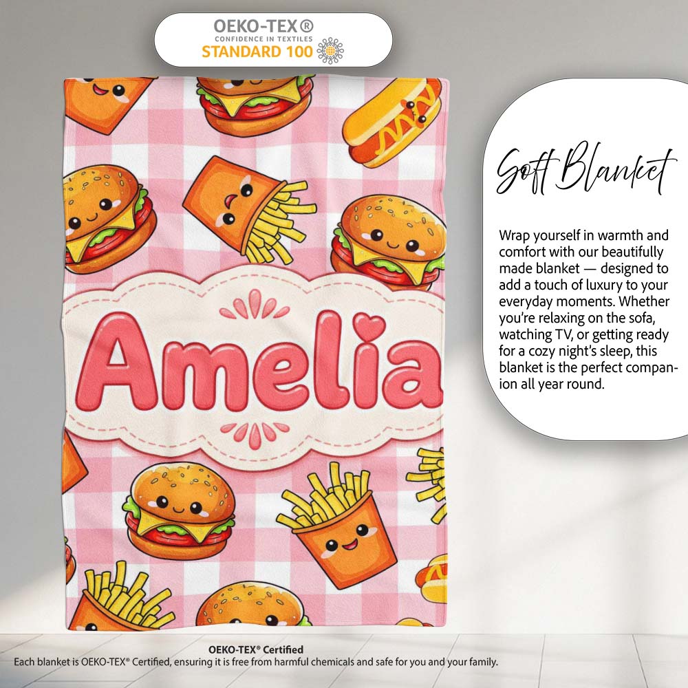 Kawaii Burger Fries Hotdog Fast Food Red Gingham Seamless Pattern Personalised Custom Name Super Soft Fleece Blanket Bed Sofa Throw
