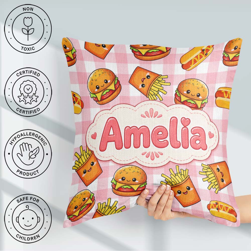 Custom Name Kawaii Burger Fries Hotdog Fast Red Gingham Seamless Square Filled Cushion Throw Pillow Sofa Bed Home Decor Zip Washable UK Made