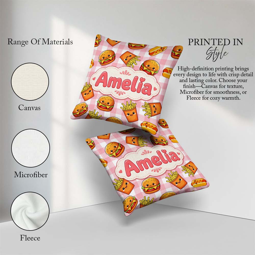 Custom Name Kawaii Burger Fries Hotdog Fast Red Gingham Seamless Square Filled Cushion Throw Pillow Sofa Bed Home Decor Zip Washable UK Made