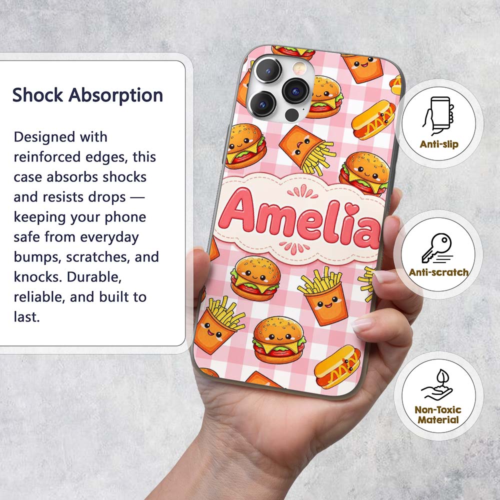 Kawaii Burger Fries Hotdog Fast Food Red Gingham Custom Name Protective Phone Case Mobile Cover Durable Everyday Smartphone Shock Resistant