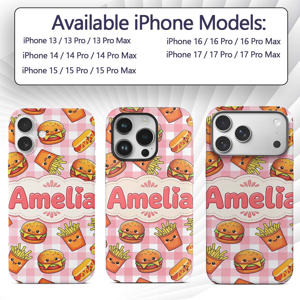 Kawaii Burger Fries Hotdog Fast Food Red Gingham Custom Name Protective Phone Case Mobile Cover Durable Everyday Smartphone Shock Resistant
