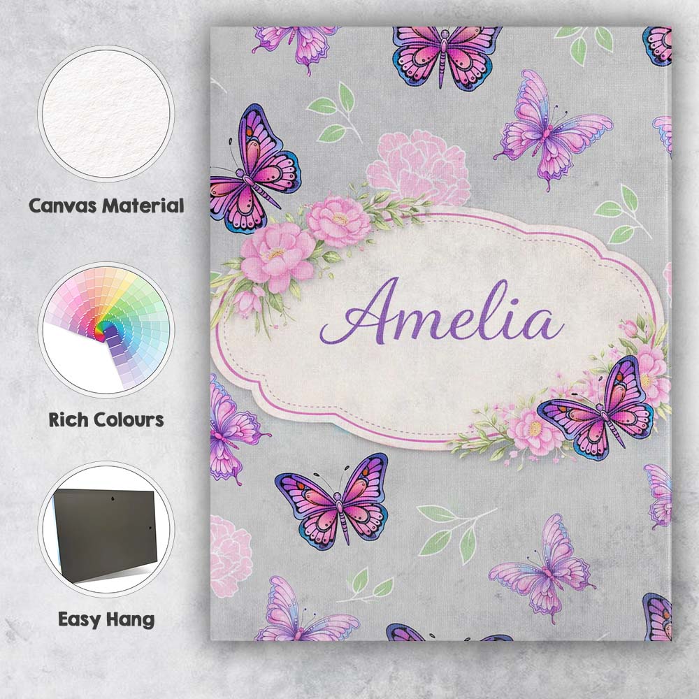 Personalised Name Pink Purple Butterfly Floral Grey Background Custom Modern Room Accent Canvas Wall Art Print Decor Picture Ready to Hang