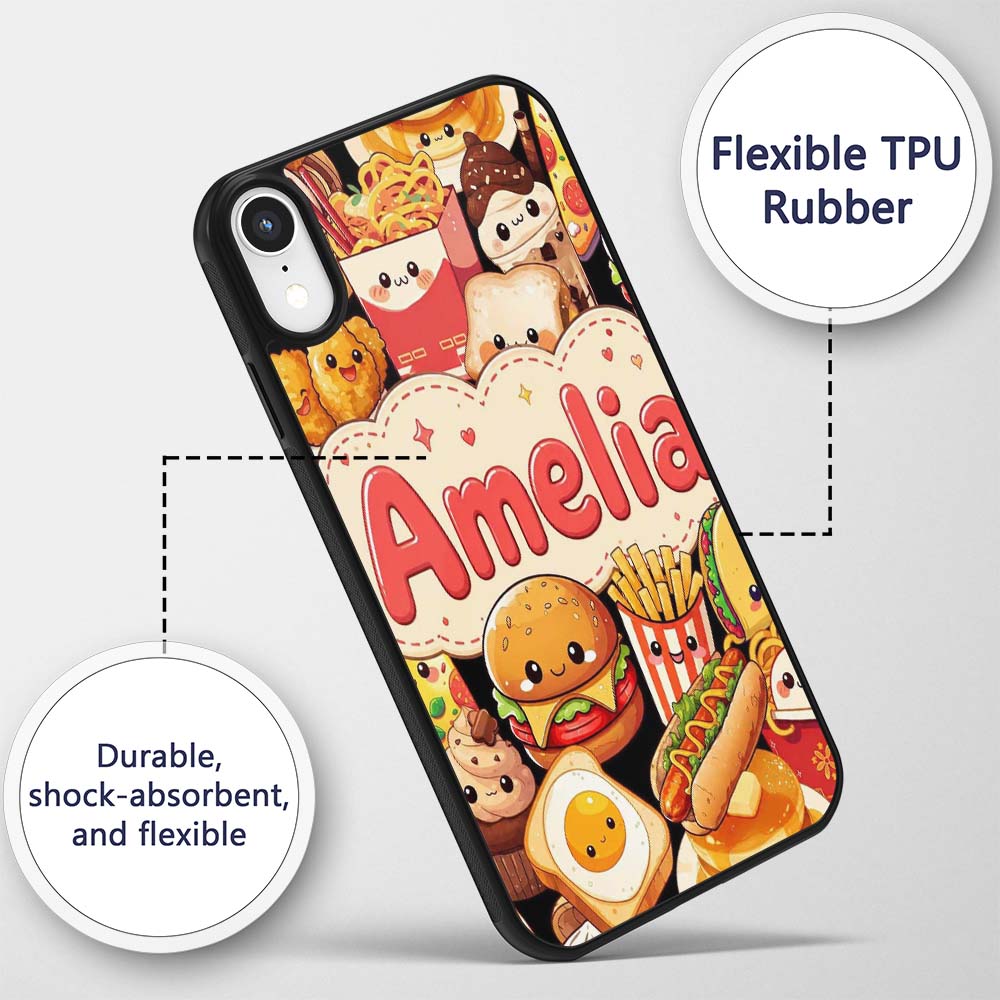 Cute Kawaii Fast Food Collage Burger Pizza Fries Custom Name Protective Phone Case Mobile Cover Durable Everyday Smartphone Shock Resistant