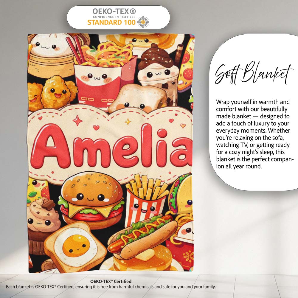 Cute Kawaii Fast Food Collage Burger Pizza Fries Drinks Seamless Personalised Custom Name Super Soft Fleece Blanket Bed Sofa Throw