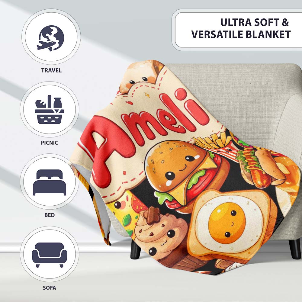 Cute Kawaii Fast Food Collage Burger Pizza Fries Drinks Seamless Personalised Custom Name Super Soft Fleece Blanket Bed Sofa Throw