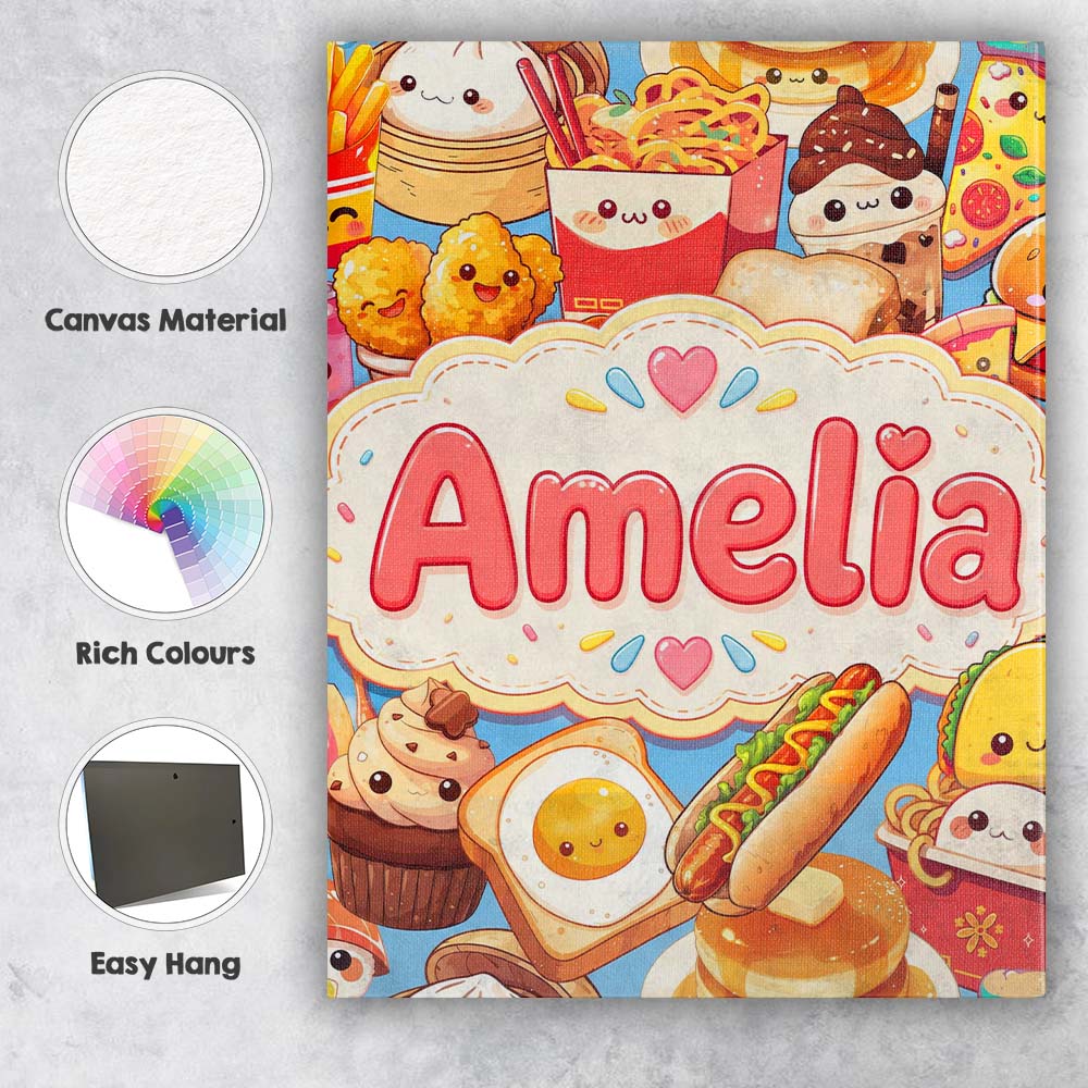 Personalised Name Kawaii Fast Food Collage Custom Unique Gift Idea Elegant Feature Canvas Wall Art Print Decor Picture Ready to Hang
