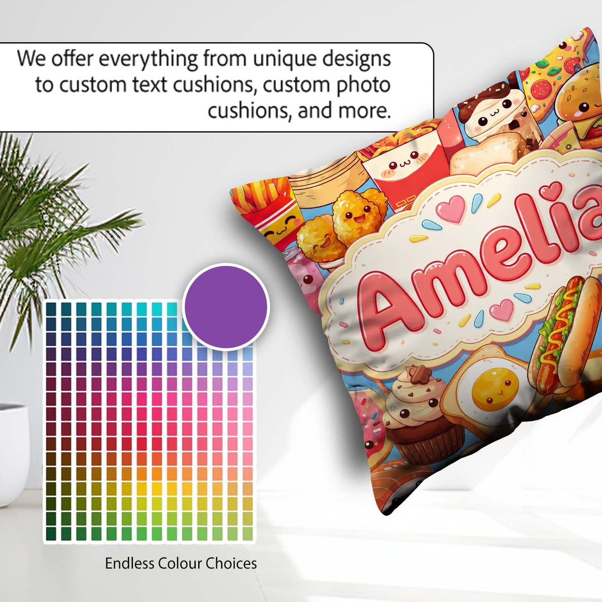 Custom Name Kawaii Fast Food Collage Burger Pizza Fries Seamless Square Filled Cushion Throw Pillow Sofa Bed Home Decor Zip Washable UK Made