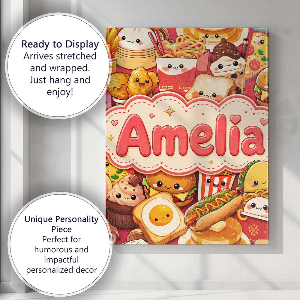 Personalised Name Kawaii Fast Food Collage Custom Unique Gift Idea Elegant Feature Canvas Wall Art Print Decor Picture Ready to Hang