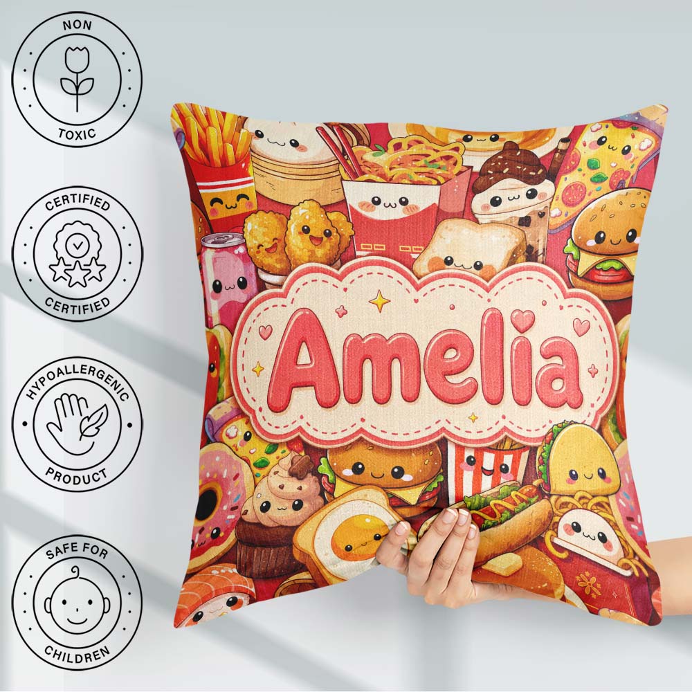 Custom Name Kawaii Fast Food Collage Burger Pizza Fries Seamless Square Filled Cushion Throw Pillow Sofa Bed Home Decor Zip Washable UK Made