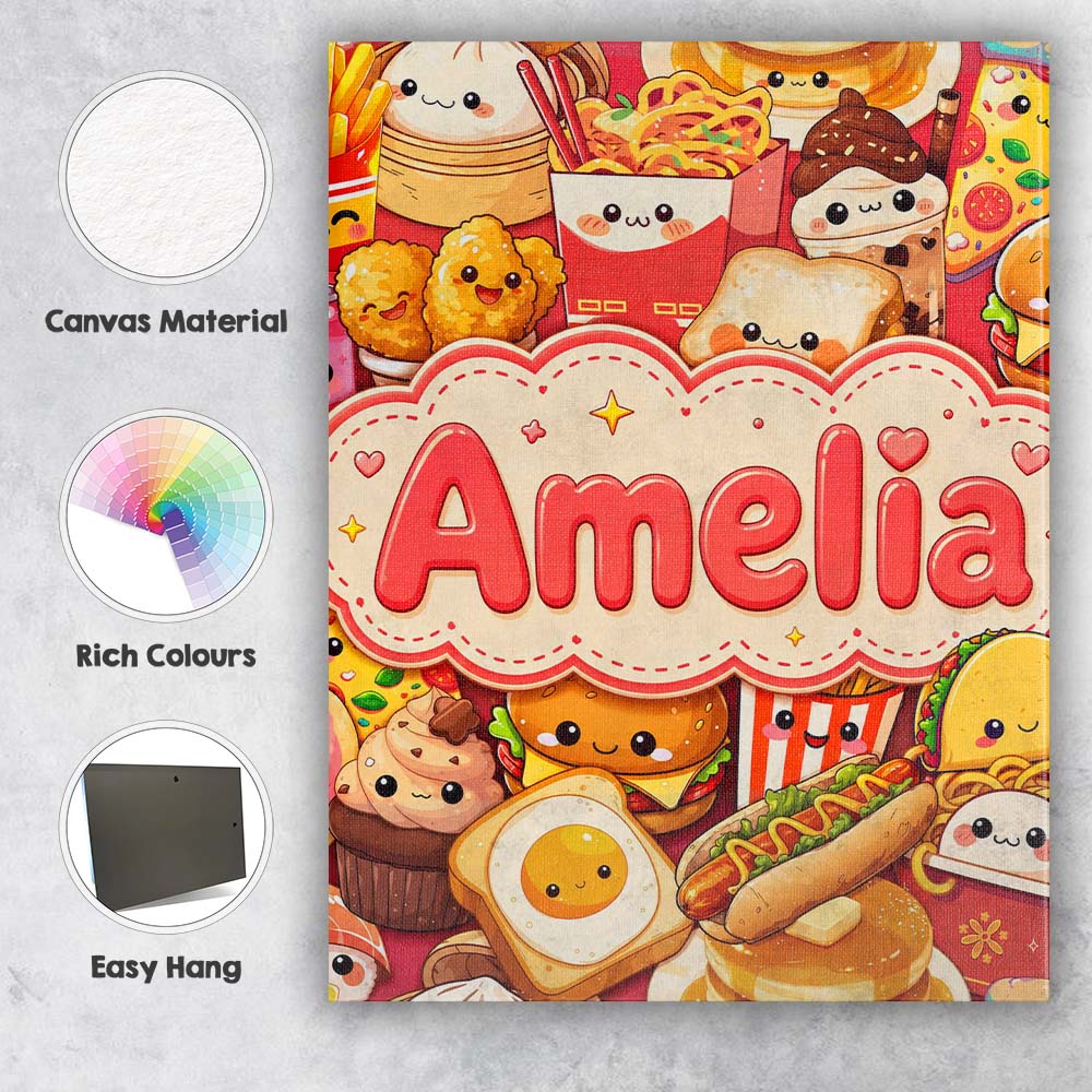 Personalised Name Kawaii Fast Food Collage Custom Unique Gift Idea Elegant Feature Canvas Wall Art Print Decor Picture Ready to Hang