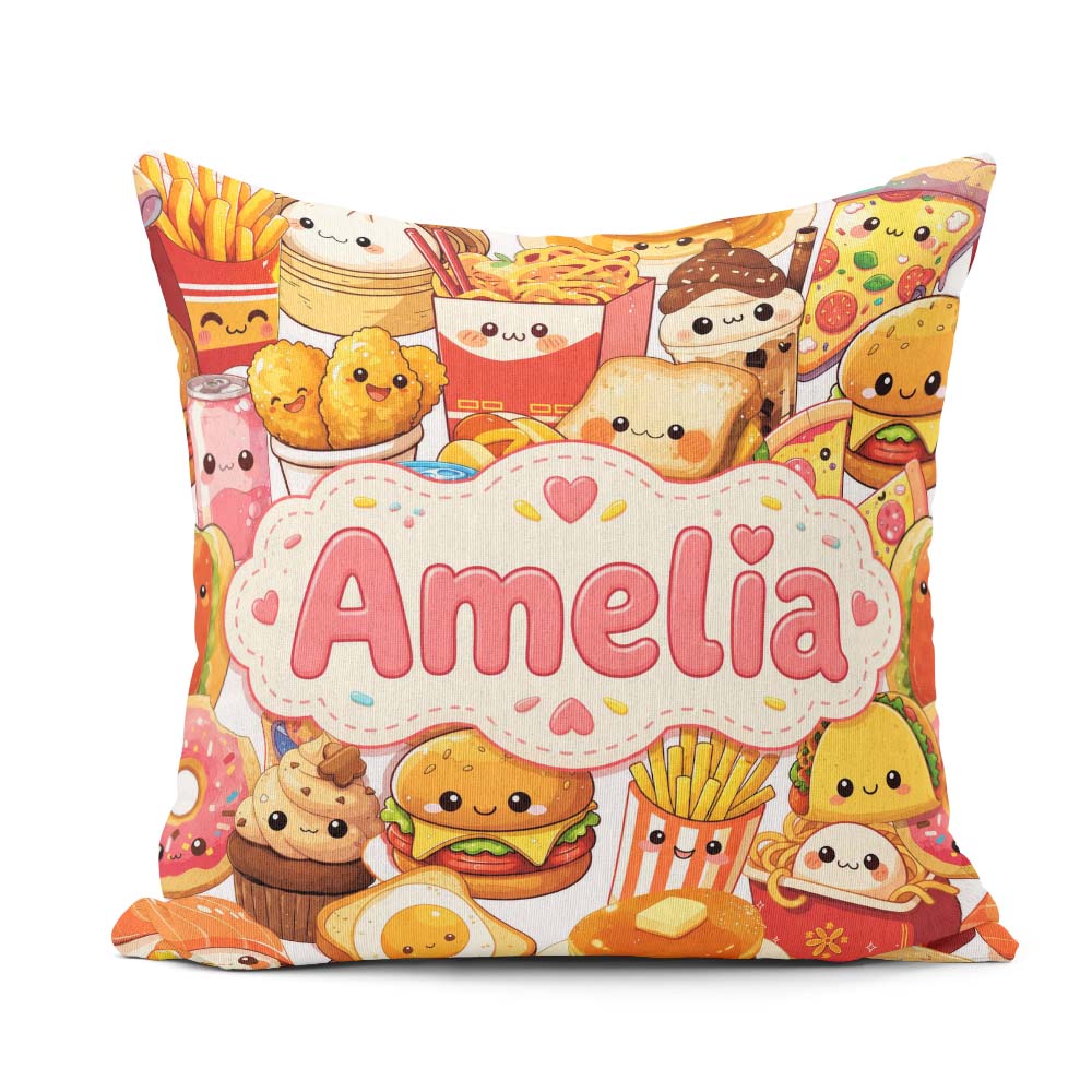 Custom Name Kawaii Fast Food Collage Burger Pizza Fries Seamless Square Filled Cushion Throw Pillow Sofa Bed Home Decor Zip Washable UK Made